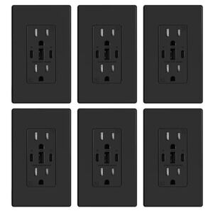 ELEGRP USB Outlets, 30W 6.0 Amp USB C Outlets Receptacles, 15A, 6 Pack, Black